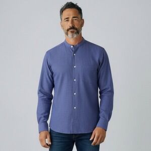 Eton Shirt Mens Large Blue Band Collar Slim Fit Long Sleeve Button Down Casual